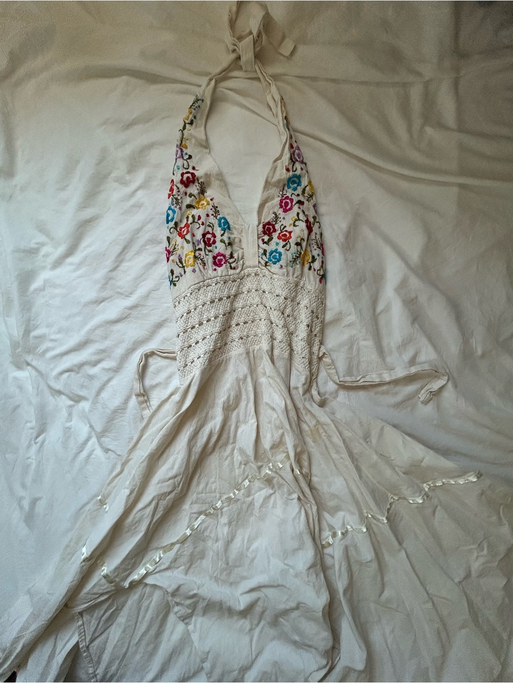 Cream Halter Asymmetrical Dress with Multicolor Floral Embroidery